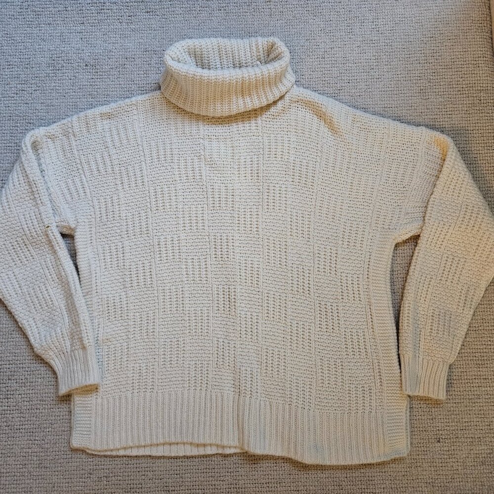 Madewell Checkered Turtleneck Sweater Cream Ivory Boxy Large L Poly Wool Alpaca